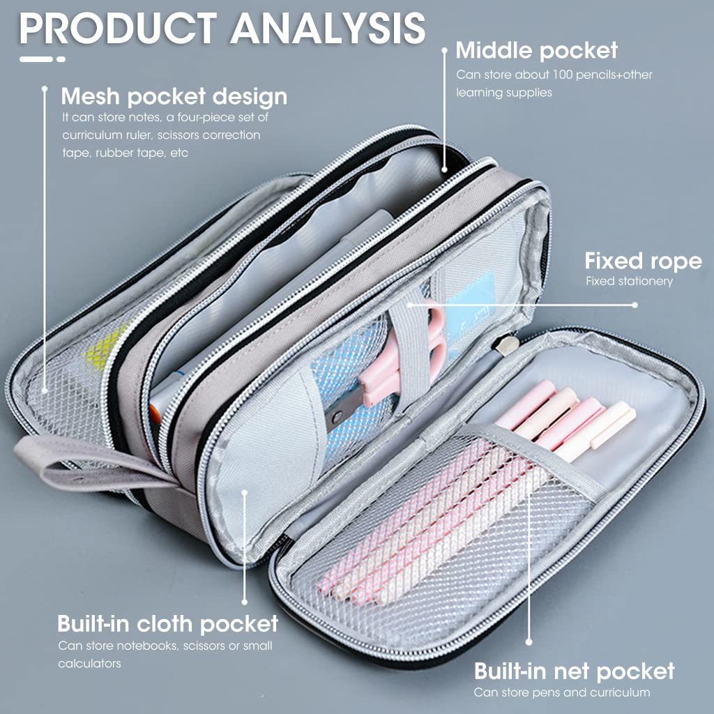 Climberty® Large Capacity Pencil Case, 3 Layers of Storage 3 Metal Zippers, Portable Durable Pen Pencil Case with Handle, Aesthetic Pencil Case for School Supplies Office Teen Girls Adults (Grey) Climberty® Large Capacity Pencil Case, 3 Layers of Storage 3 Metal Zippers, Portable Durable Pen Pencil Case with Handle, Aesthetic Pencil Case for School Supplies Office Teen Girls Adults (Grey)